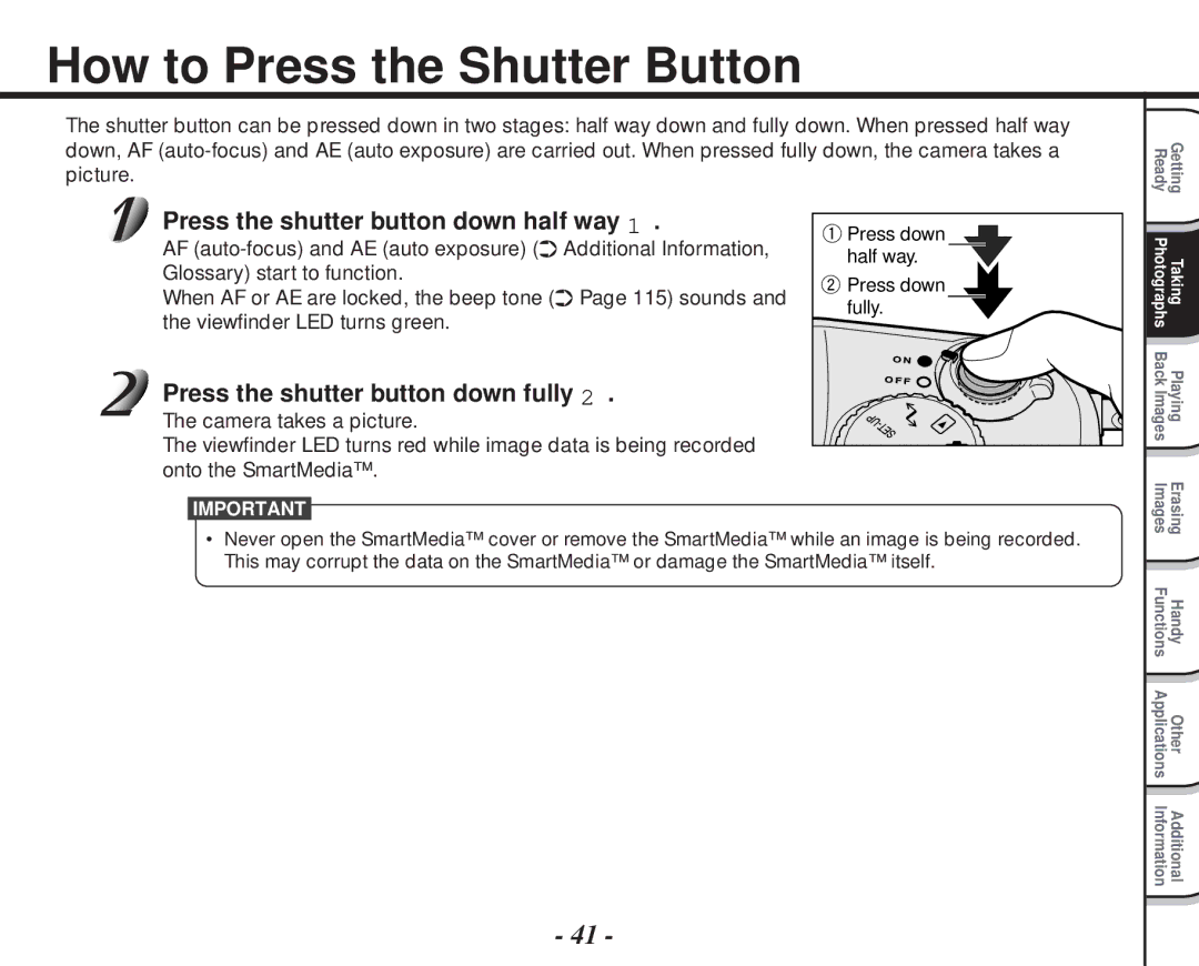 Toshiba PDR-M70 instruction manual How to Press the Shutter Button, Press the shutter button down half way 