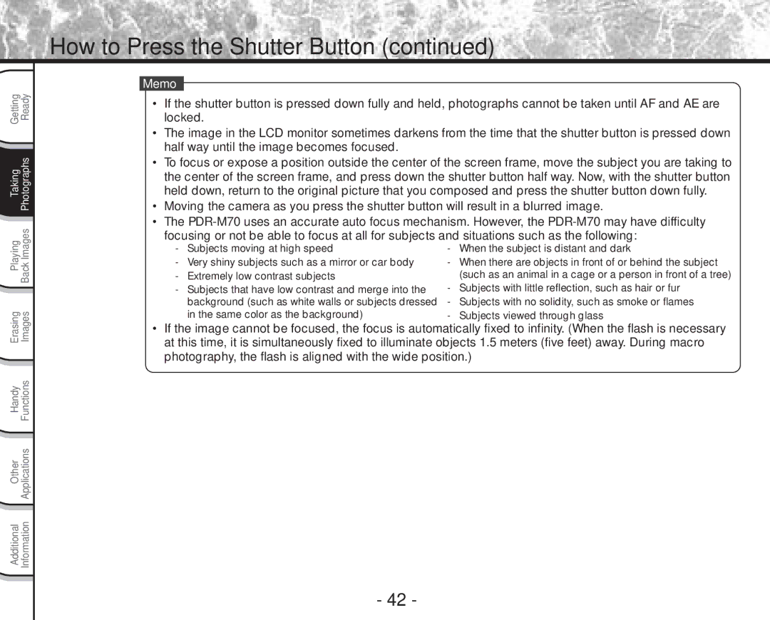 Toshiba PDR-M70 instruction manual How to Press the Shutter Button, Memo 