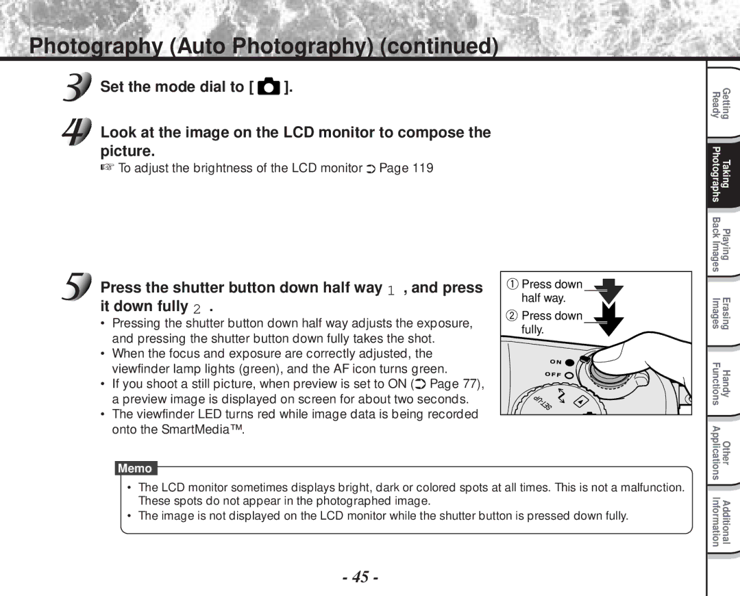 Toshiba PDR-M70 Set the mode dial to, Look at the image on the LCD monitor to compose Picture, It down fully 