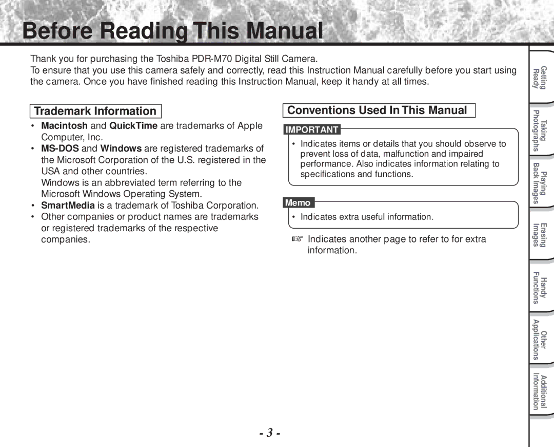 Toshiba PDR-M70 instruction manual Before Reading This Manual, Trademark Information, Conventions Used In This Manual 