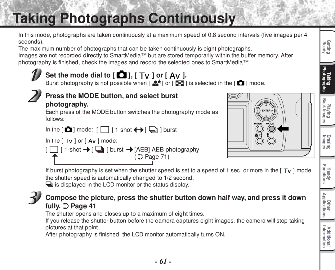 Toshiba PDR-M70 Taking Photographs Continuously, Press the Mode button, and select burst, Photography, Follows Mode 