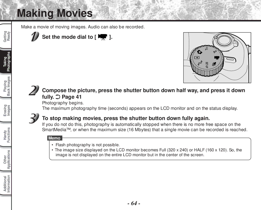 Toshiba PDR-M70 instruction manual Making Movies, Make a movie of moving images. Audio can also be recorded 