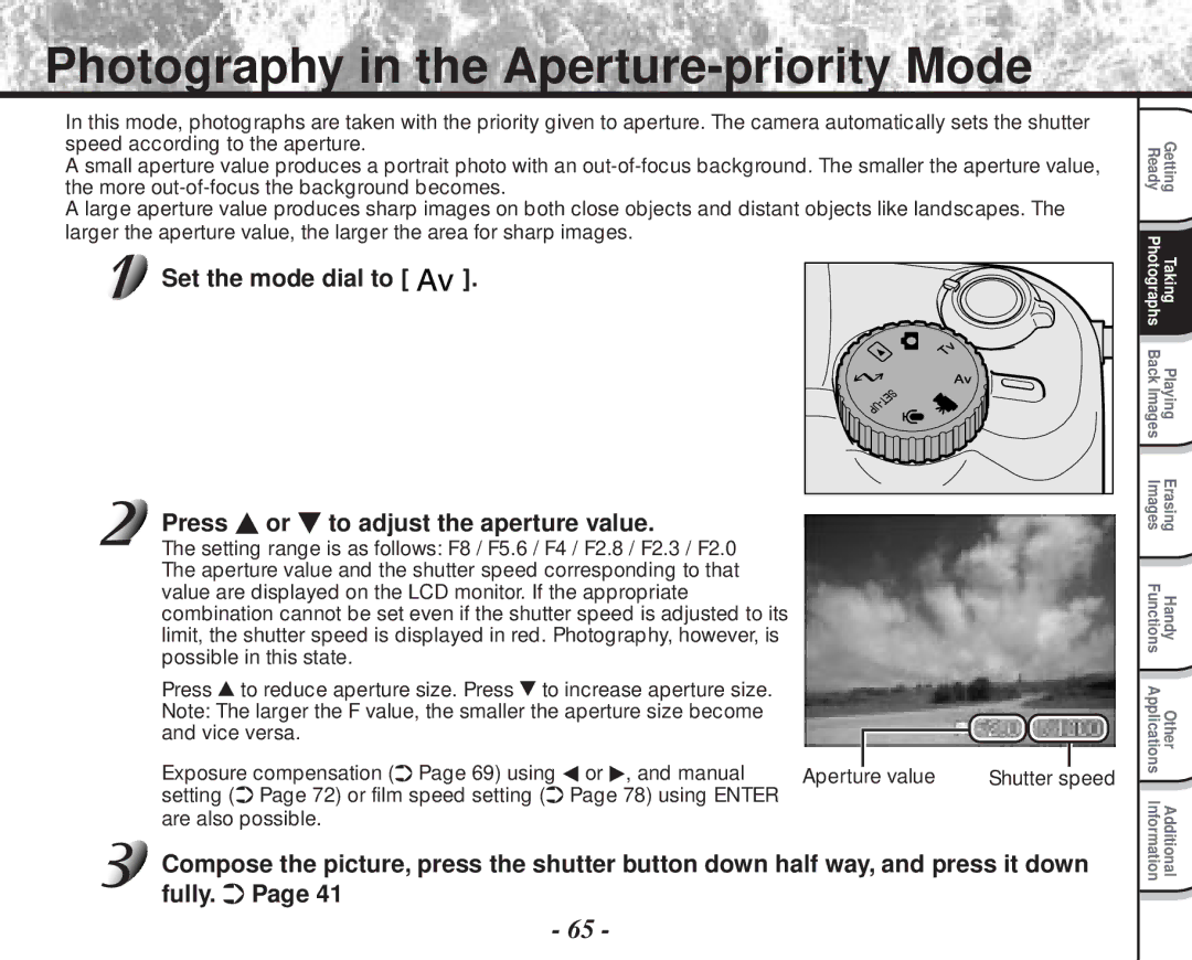 Toshiba PDR-M70 Photography in the Aperture-priority Mode, Set the mode dial to Press or to adjust the aperture value 