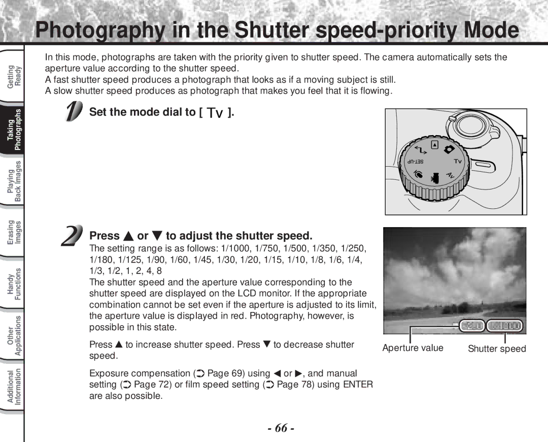 Toshiba PDR-M70 instruction manual Set the mode dial to Press or to adjust the shutter speed, Speed, Or , and manual 