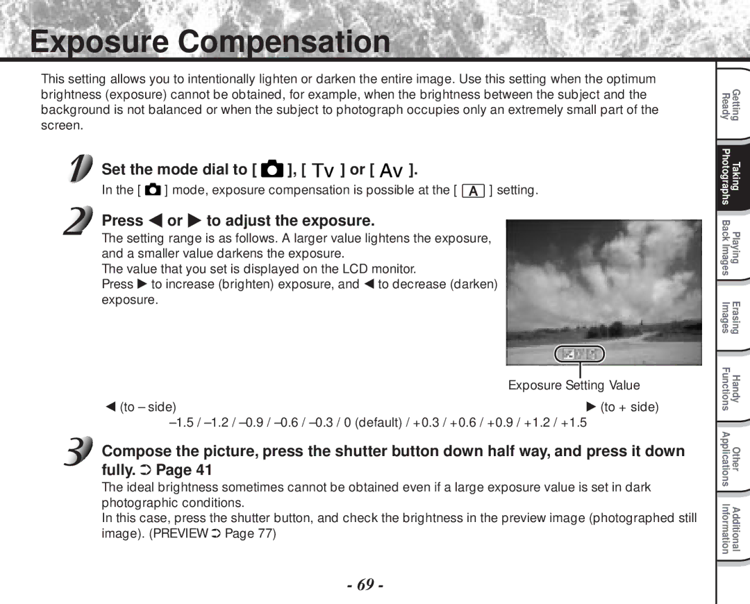 Toshiba PDR-M70 instruction manual Exposure Compensation, Press or to adjust the exposure 