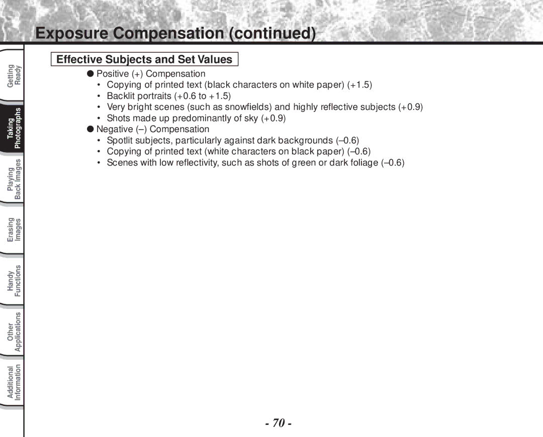 Toshiba PDR-M70 instruction manual Exposure Compensation, Effective Subjects and Set Values 