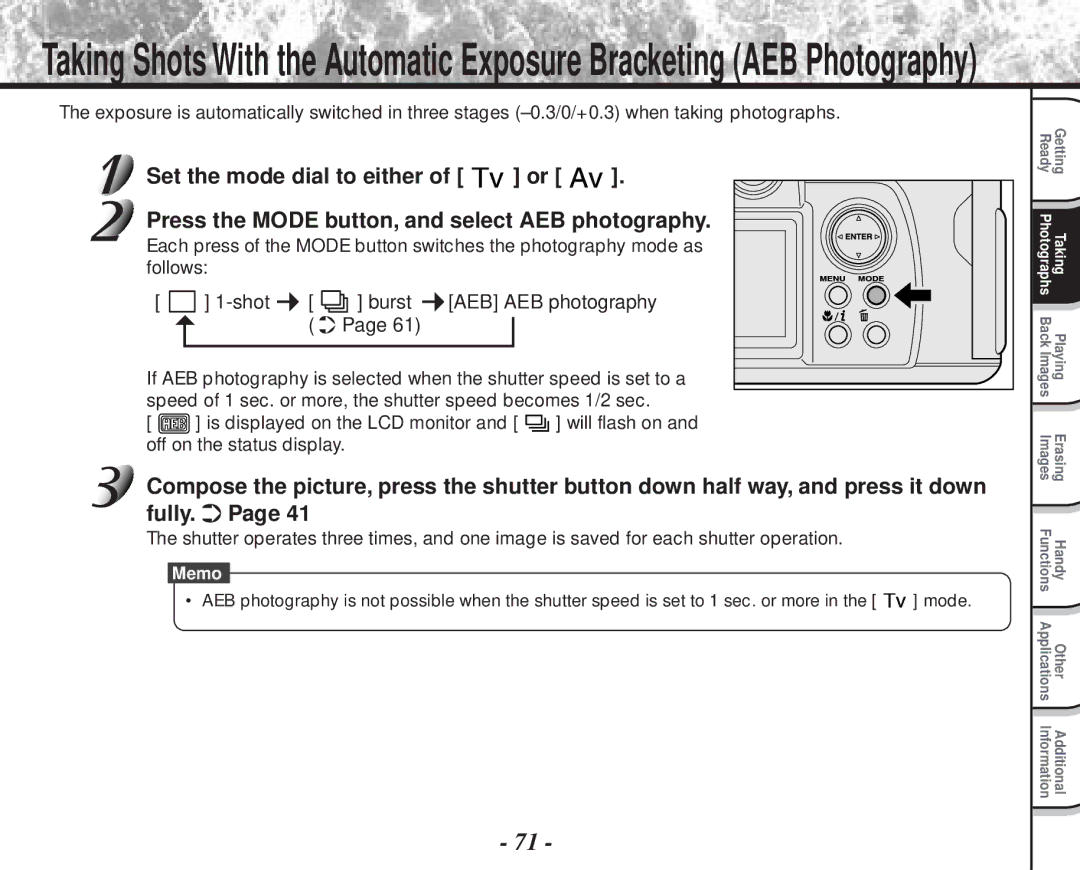 Toshiba PDR-M70 instruction manual Set the mode dial to either, Press the Mode button, and select AEB photography 