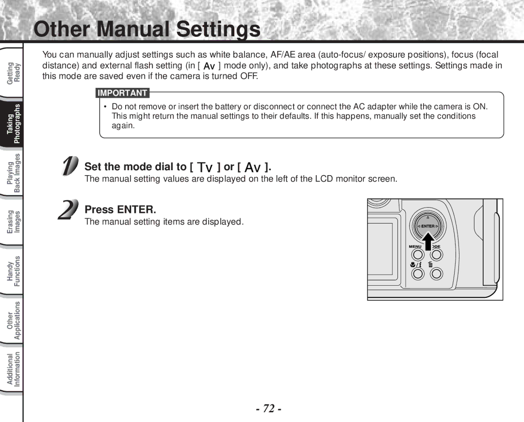 Toshiba PDR-M70 Other Manual Settings, Set the mode dial to or, Press Enter, Manual setting items are displayed 