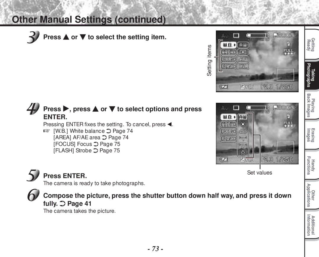 Toshiba PDR-M70 Other Manual Settings, Press or to select the setting item, Press , press or to select options and press 