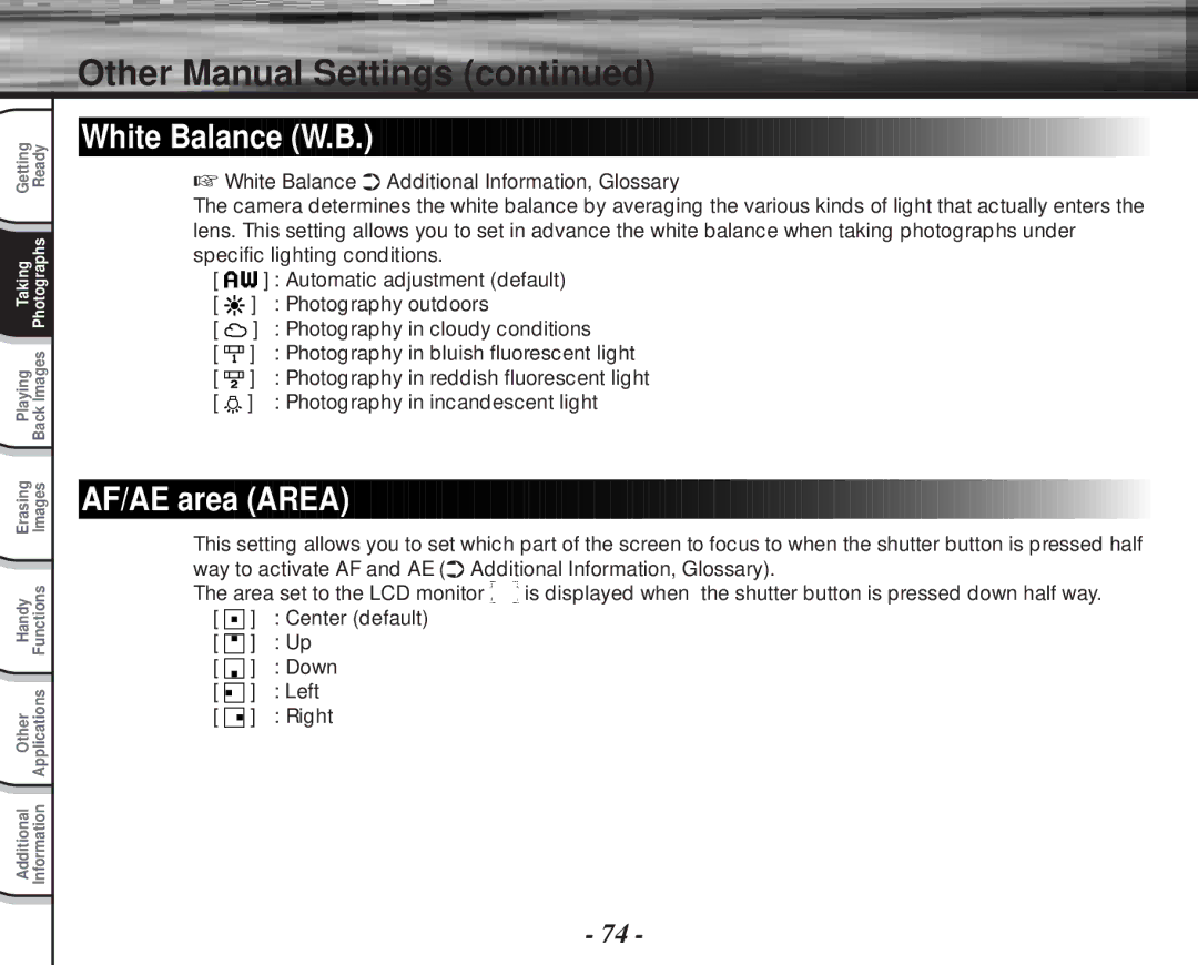 Toshiba PDR-M70 White Balance W.B, AF/AE area Area, Photography in incandescent light, Center default Down Left Right 