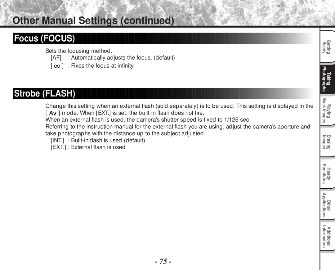 Toshiba PDR-M70 instruction manual Focus Focus, Strobe Flash 