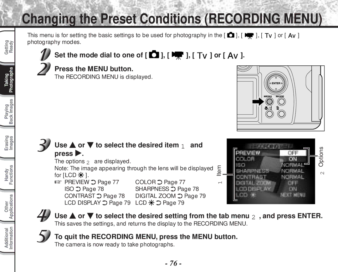 Toshiba PDR-M70 instruction manual Set the mode dial to one of , , or Press the Menu button, Use To select the desired item 