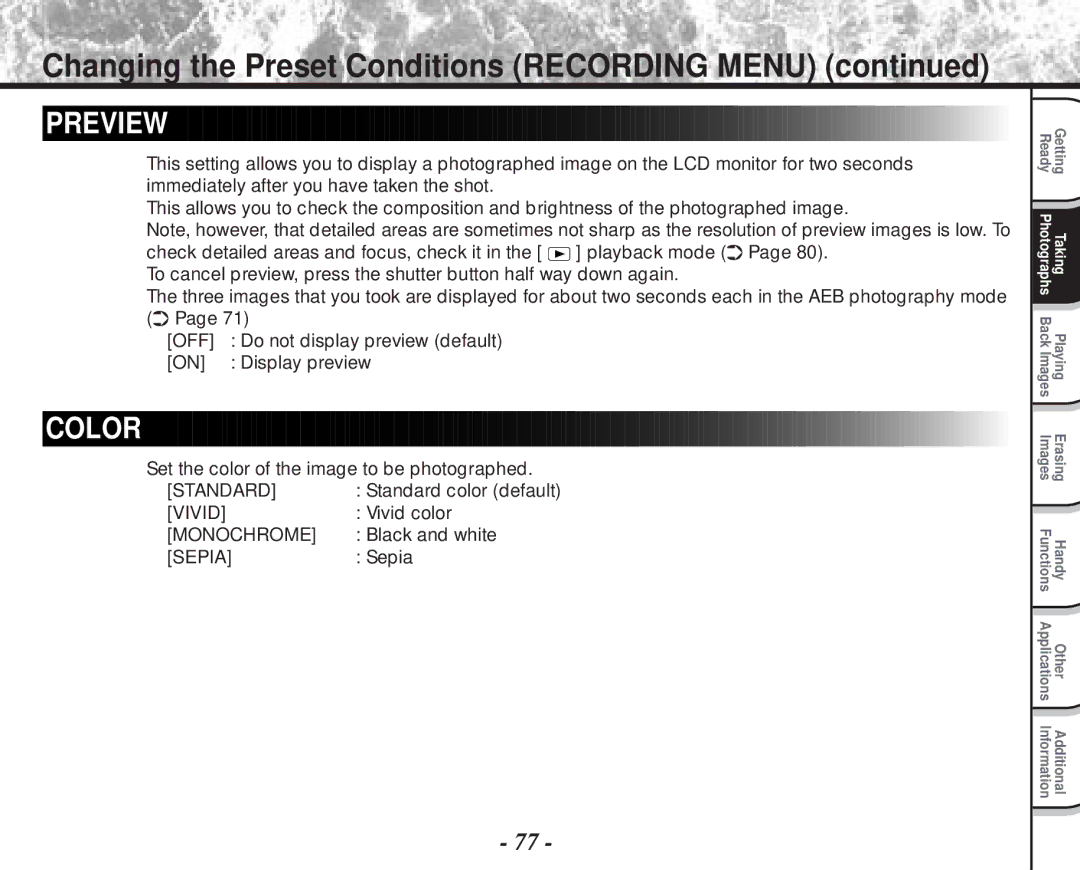 Toshiba PDR-M70 Changing the Preset Conditions Recording Menu, Set the color of the image to be photographed, Vivid color 