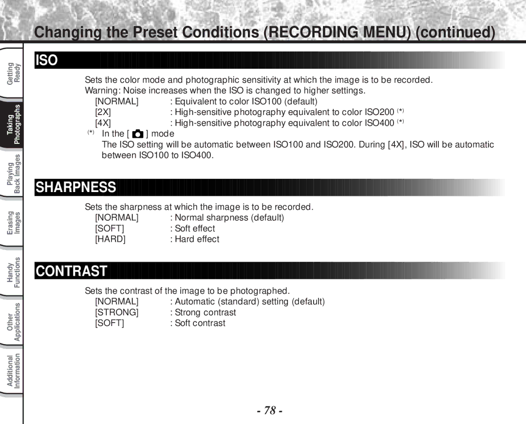 Toshiba PDR-M70 instruction manual Sharpness, Contrast 