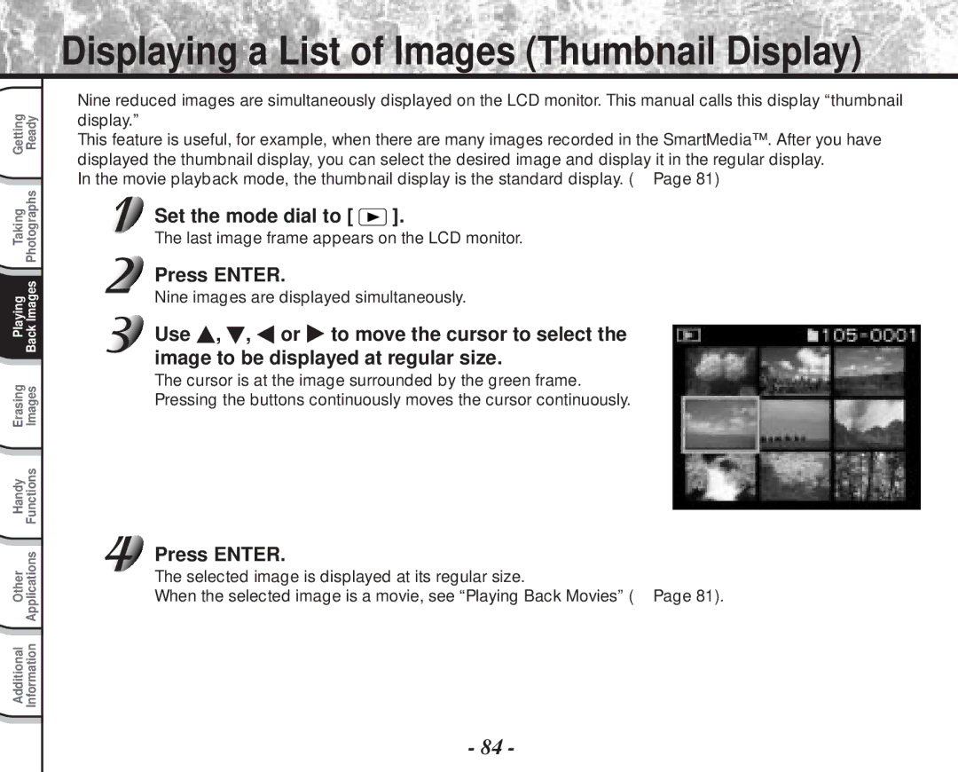 Toshiba PDR-M70 instruction manual Last image frame appears on the LCD monitor, Nine images are displayed simultaneously 