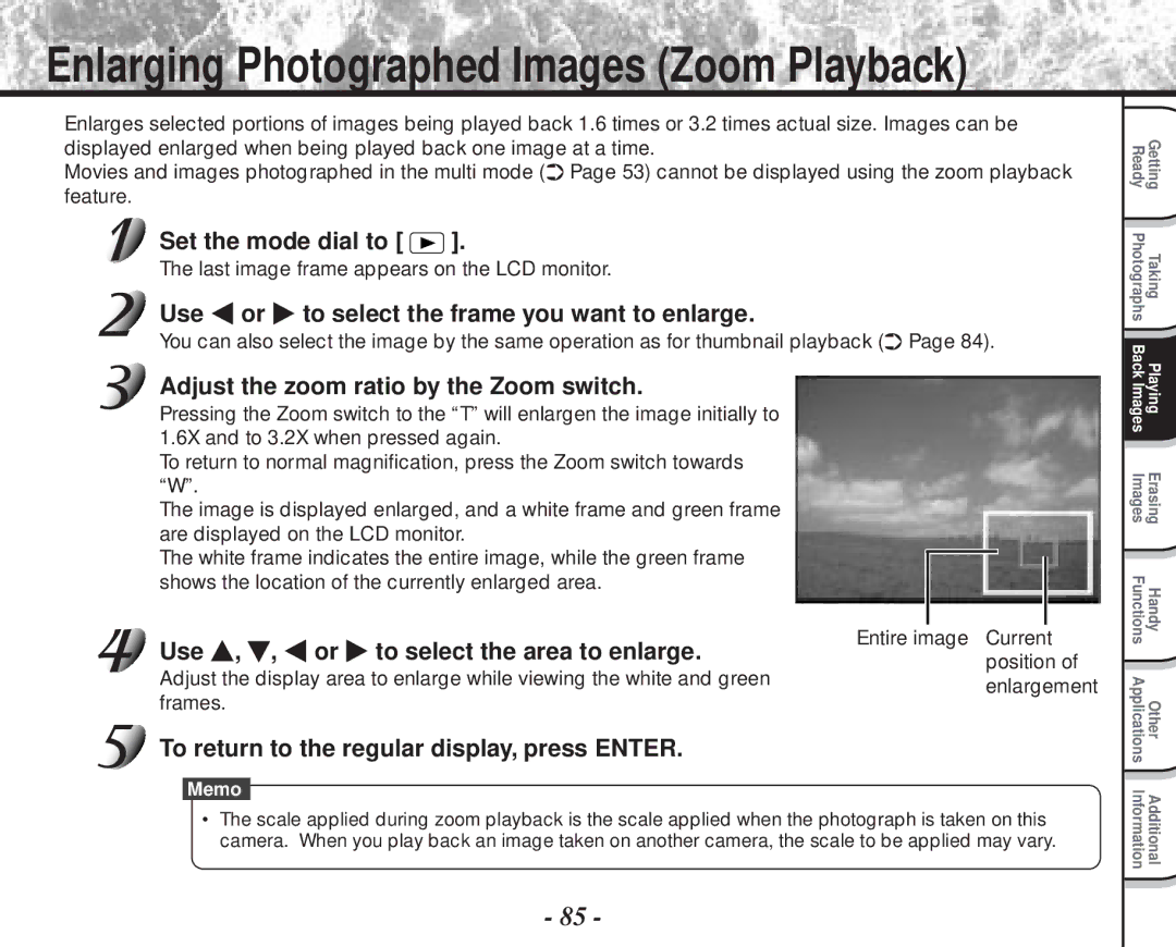 Toshiba PDR-M70 instruction manual Use or to select the frame you want to enlarge, Adjust the zoom ratio by the Zoom switch 