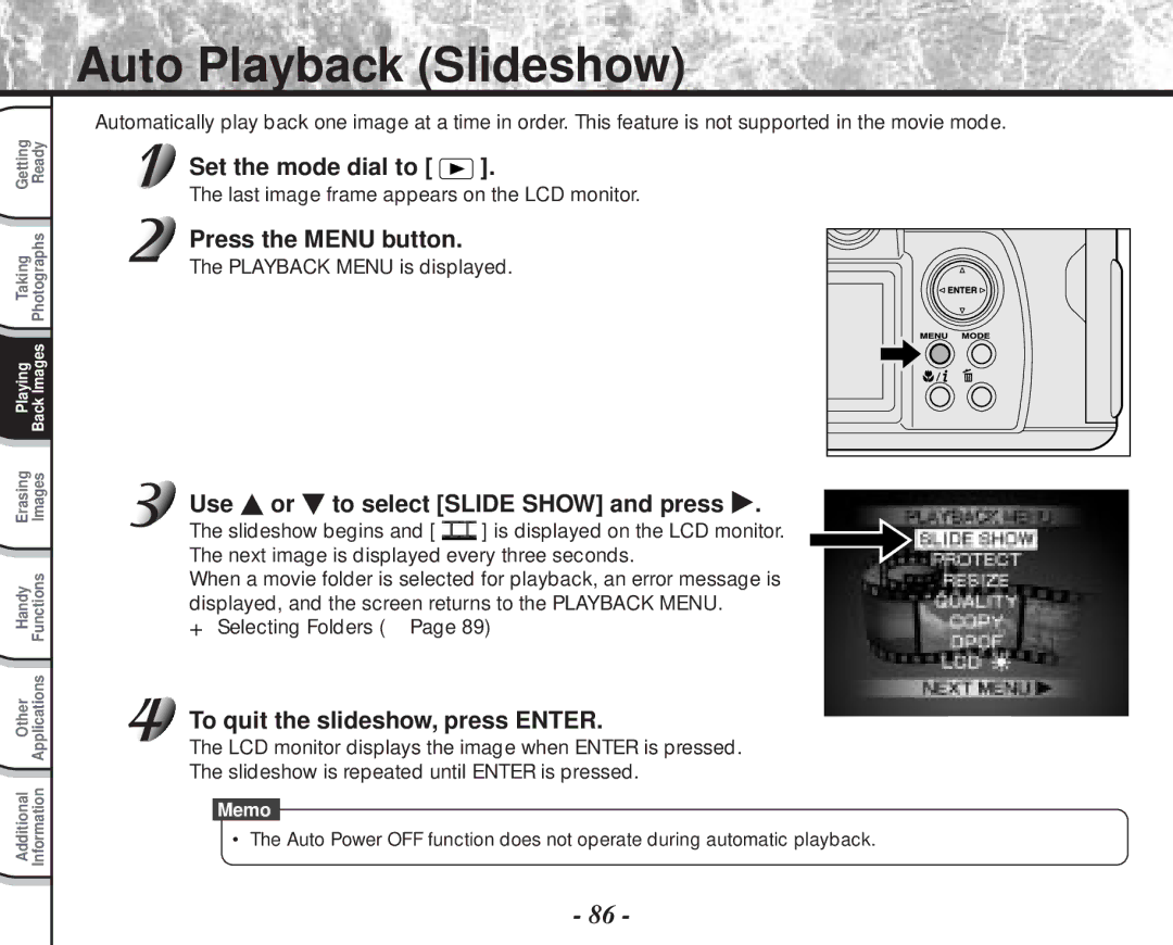 Toshiba PDR-M70 Auto Playback Slideshow, Use or to select Slide Show and press, To quit the slideshow, press Enter 