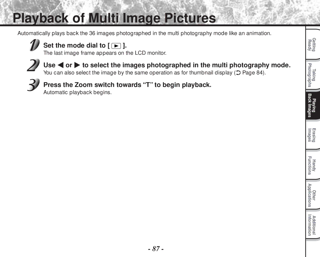 Toshiba PDR-M70 instruction manual Playback of Multi Image Pictures, Press the Zoom switch towards T to begin playback 