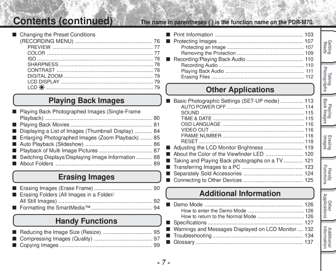 Toshiba PDR-M70 instruction manual Contents 