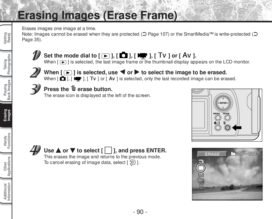 Toshiba PDR-M70 instruction manual Erasing Images Erase Frame, Set the mode dial to , , , or, Press the erase button 