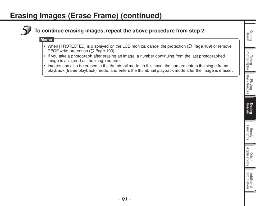 Toshiba PDR-M70 instruction manual Erasing Images Erase Frame 