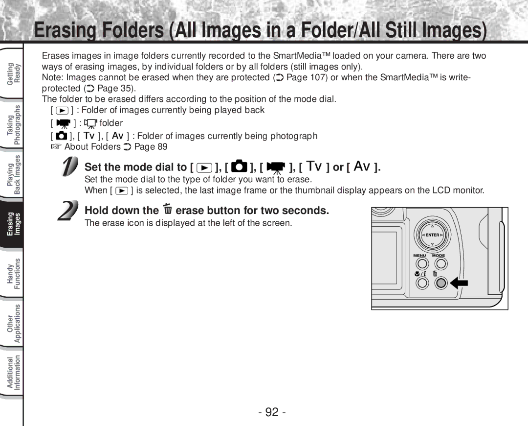 Toshiba PDR-M70 Erasing Folders All Images in a Folder/All Still Images, Hold down the erase button for two seconds 