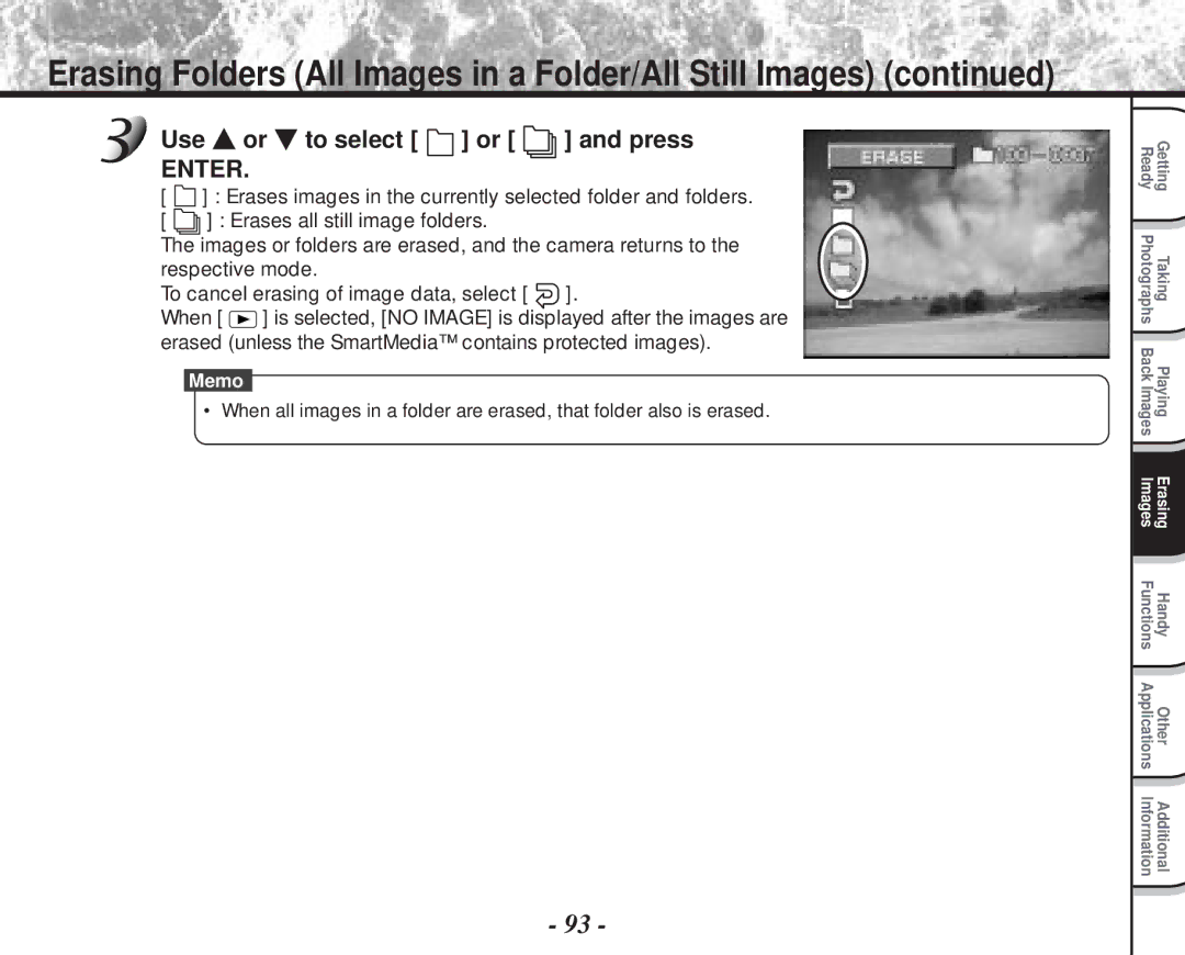 Toshiba PDR-M70 instruction manual Erasing Folders All Images in a Folder/All Still Images, Use or to select or and press 