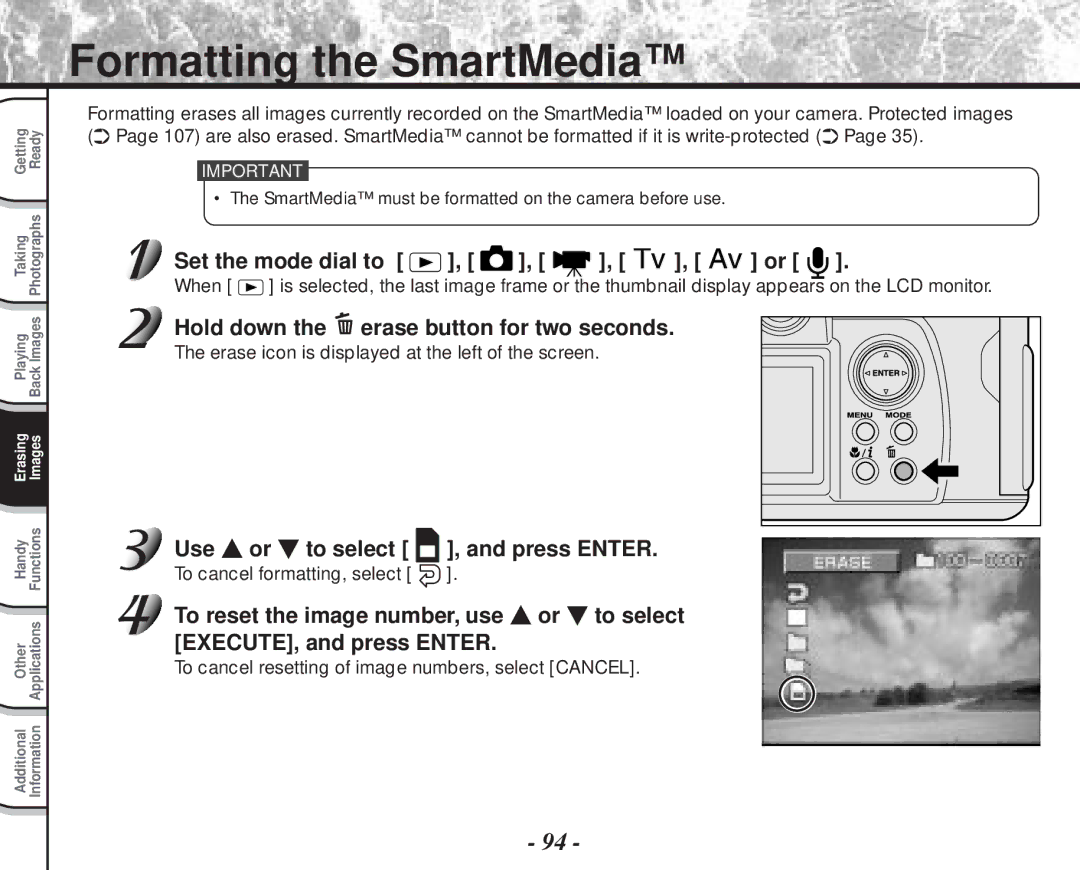 Toshiba PDR-M70 Formatting the SmartMedia, Set the mode dial to , , , , or, Use or to select , and press Enter 