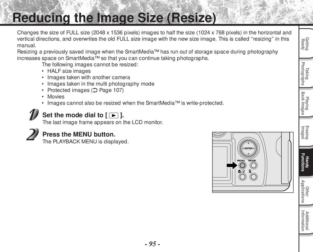 Toshiba PDR-M70 instruction manual Reducing the Image Size Resize, Images taken in the multi photography mode, Movies 