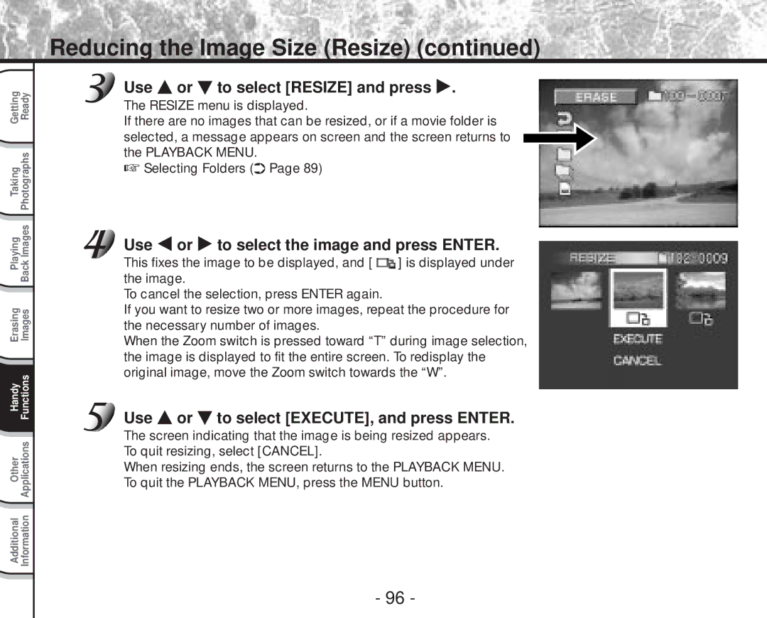 Toshiba PDR-M70 instruction manual Reducing the Image Size Resize, Use or to select Resize and press 