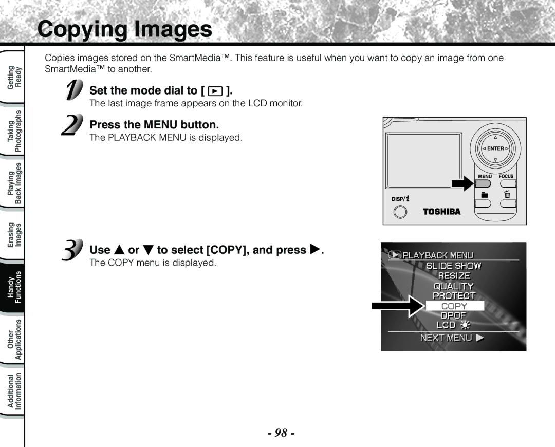 Toshiba PDR-M71 instruction manual Copying Images, Use or to select COPY, and press, Copy menu is displayed 