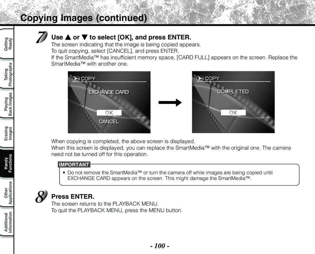 Toshiba PDR-M71 instruction manual 100, Use or to select OK, and press Enter 