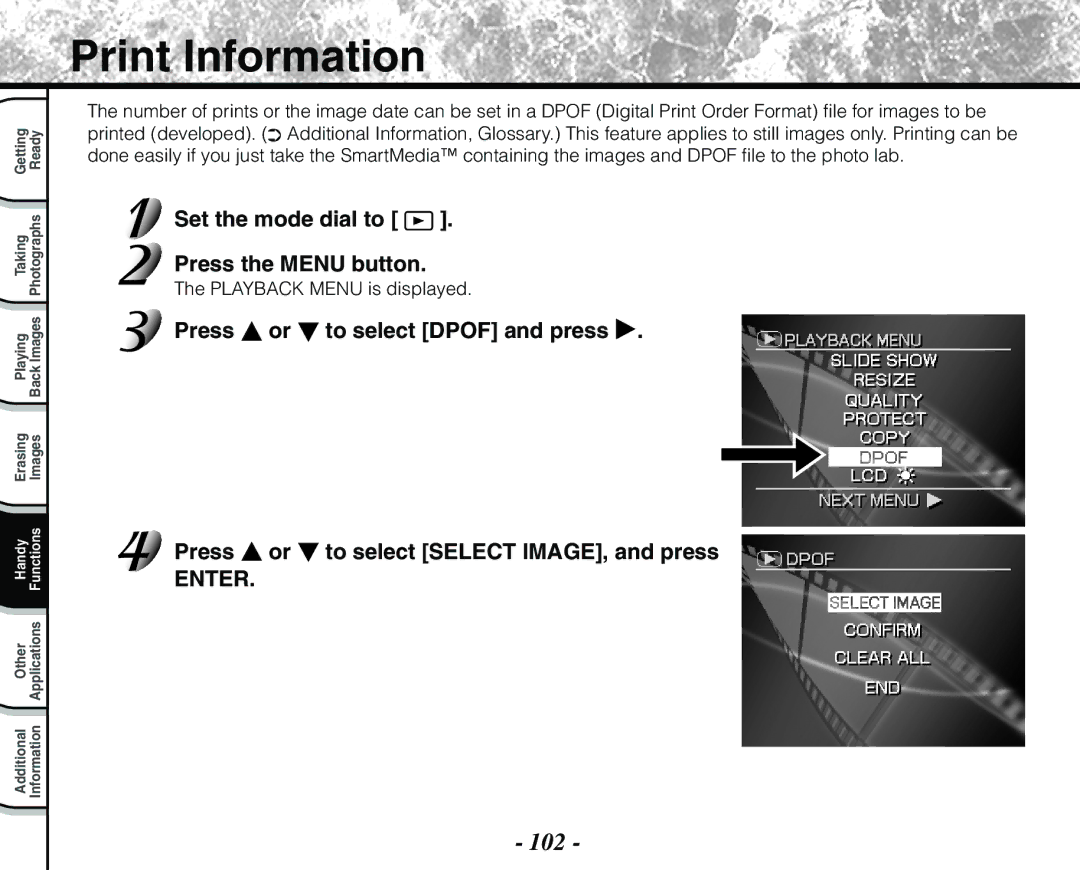 Toshiba PDR-M71 instruction manual Print Information, 102, Set the mode dial to Press the Menu button 