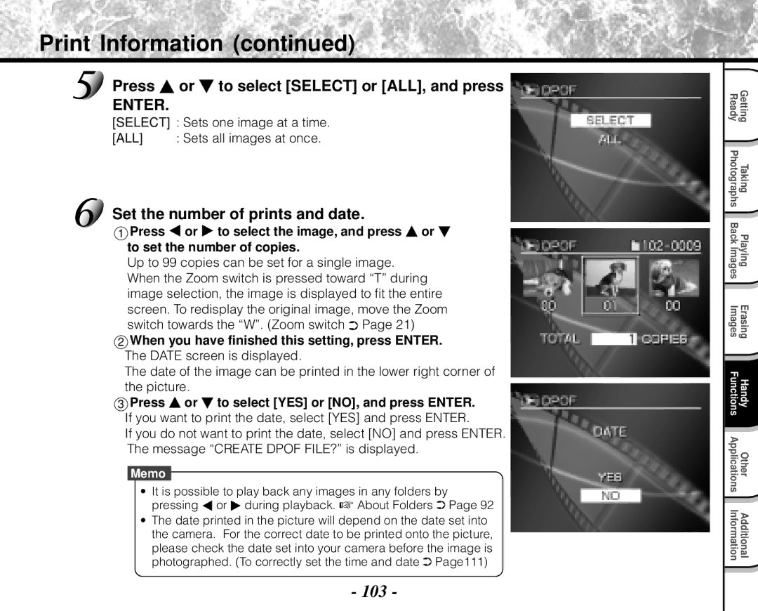 Toshiba PDR-M71 Print Information, 103, Press or to select Select or ALL, and press, Set the number of prints and date 