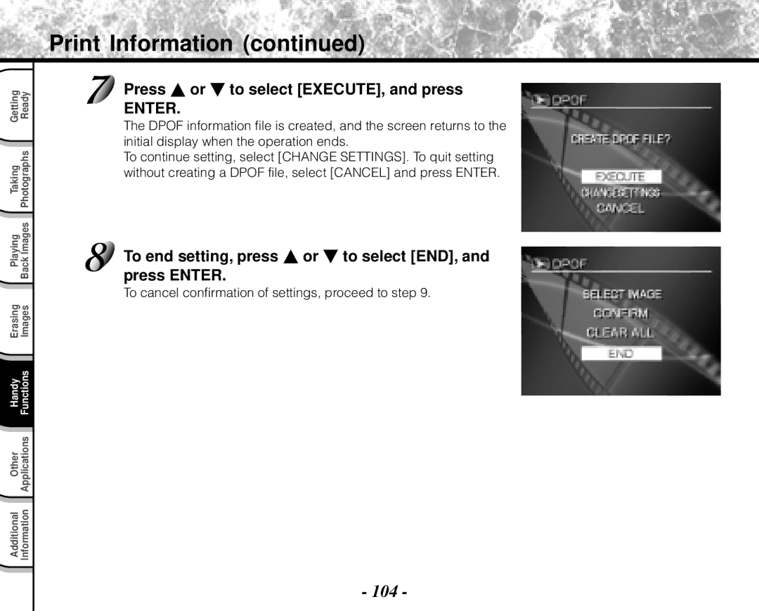 Toshiba PDR-M71 104, Press or to select EXECUTE, and press, To end setting, press or to select END, and press Enter 