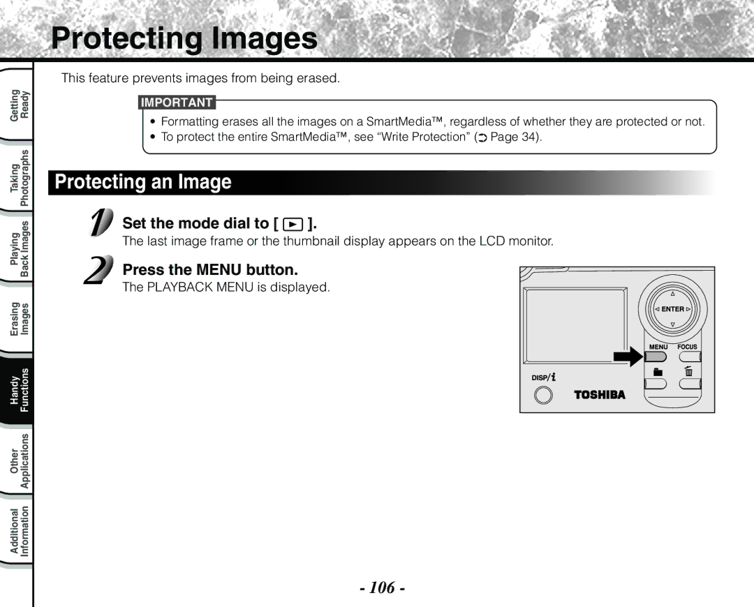 Toshiba PDR-M71 Protecting Images, Protecting an Image, 106, This feature prevents images from being erased 