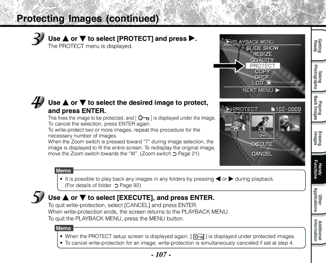 Toshiba PDR-M71 instruction manual Protecting Images, 107, Use or to select Protect and press, Protect menu is displayed 