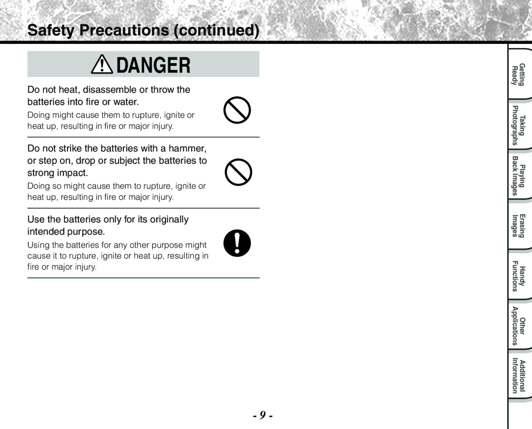 Toshiba PDR-M71 instruction manual Safety Precautions, Use the batteries only for its originally intended purpose 