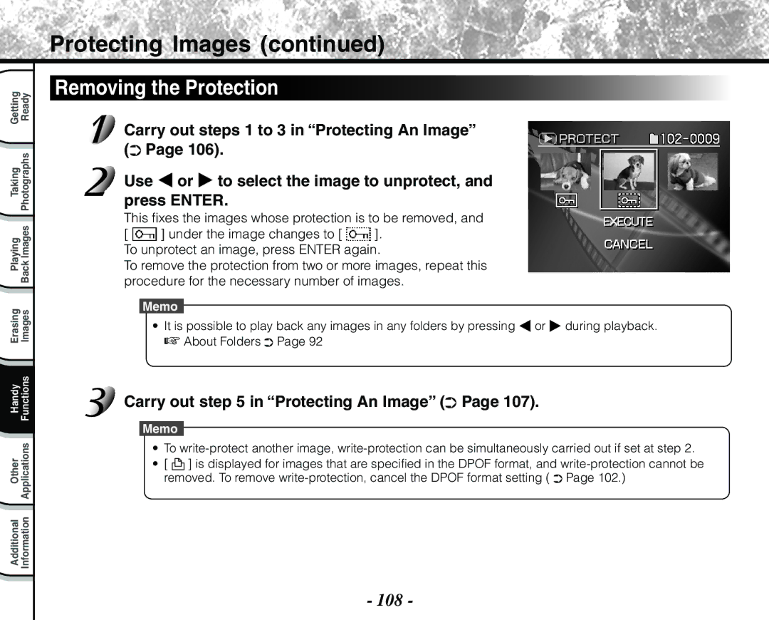 Toshiba PDR-M71 instruction manual Removing the Protection, 108, Carry out in Protecting An Image 