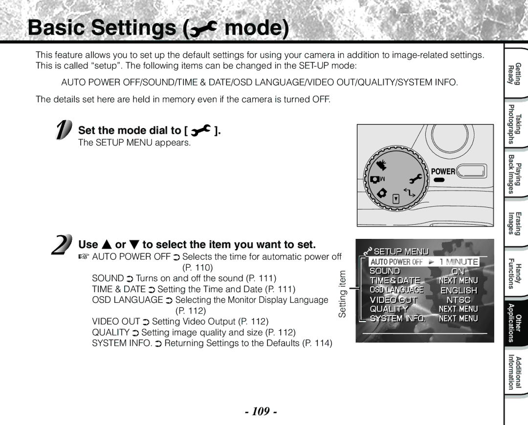 Toshiba PDR-M71 instruction manual Basic Settings mode, 109, Use or to select the item you want to set, Setup Menu appears 