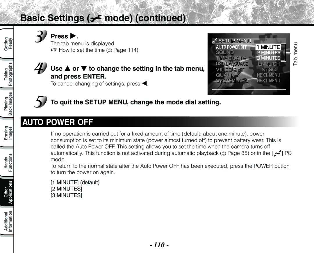 Toshiba PDR-M71 instruction manual Basic Settings mode, 110, Press, To quit the Setup MENU, change the mode dial setting 