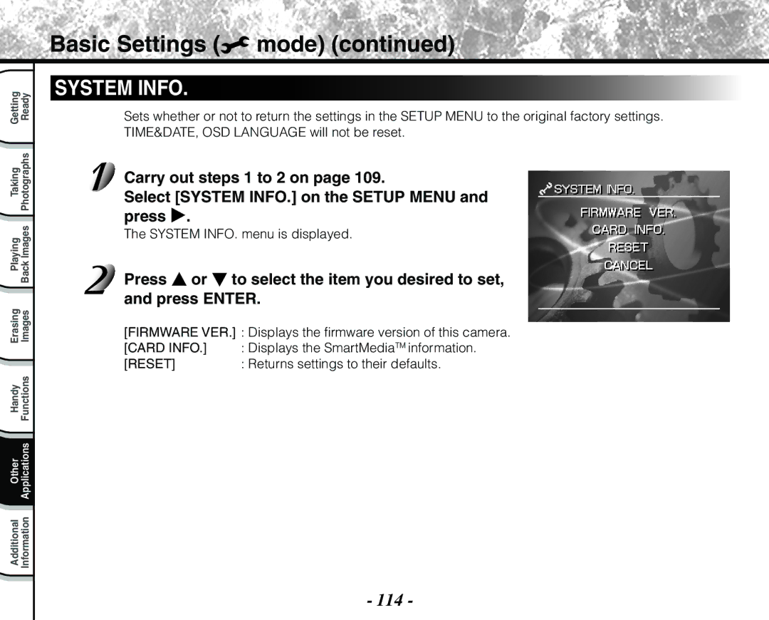 Toshiba PDR-M71 114, System INFO. menu is displayed, Firmware VER. Displays the firmware version of this camera 