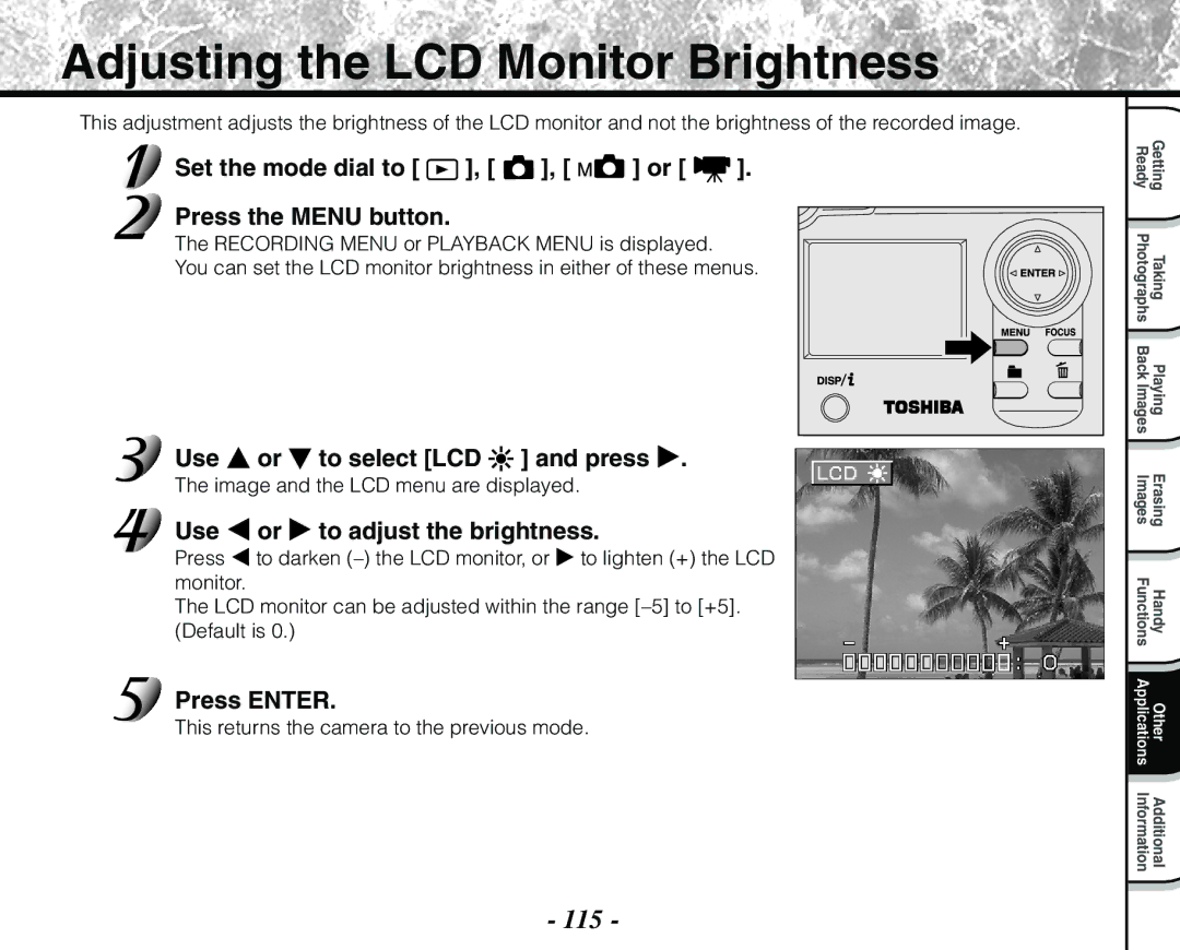 Toshiba PDR-M71 Adjusting the LCD Monitor Brightness, 115, Use To select LCD Press, Use To adjust the brightness 