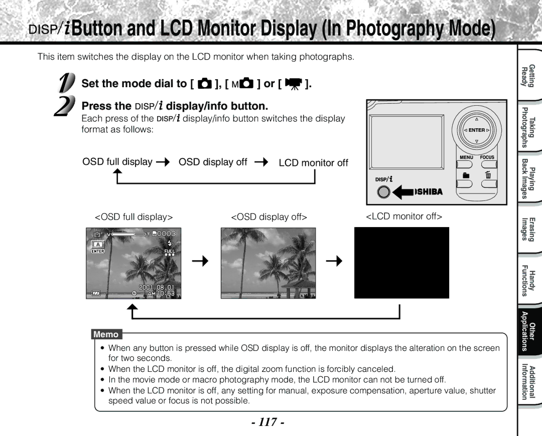 Toshiba PDR-M71 instruction manual Button and LCD Monitor Display In Photography Mode, 117 