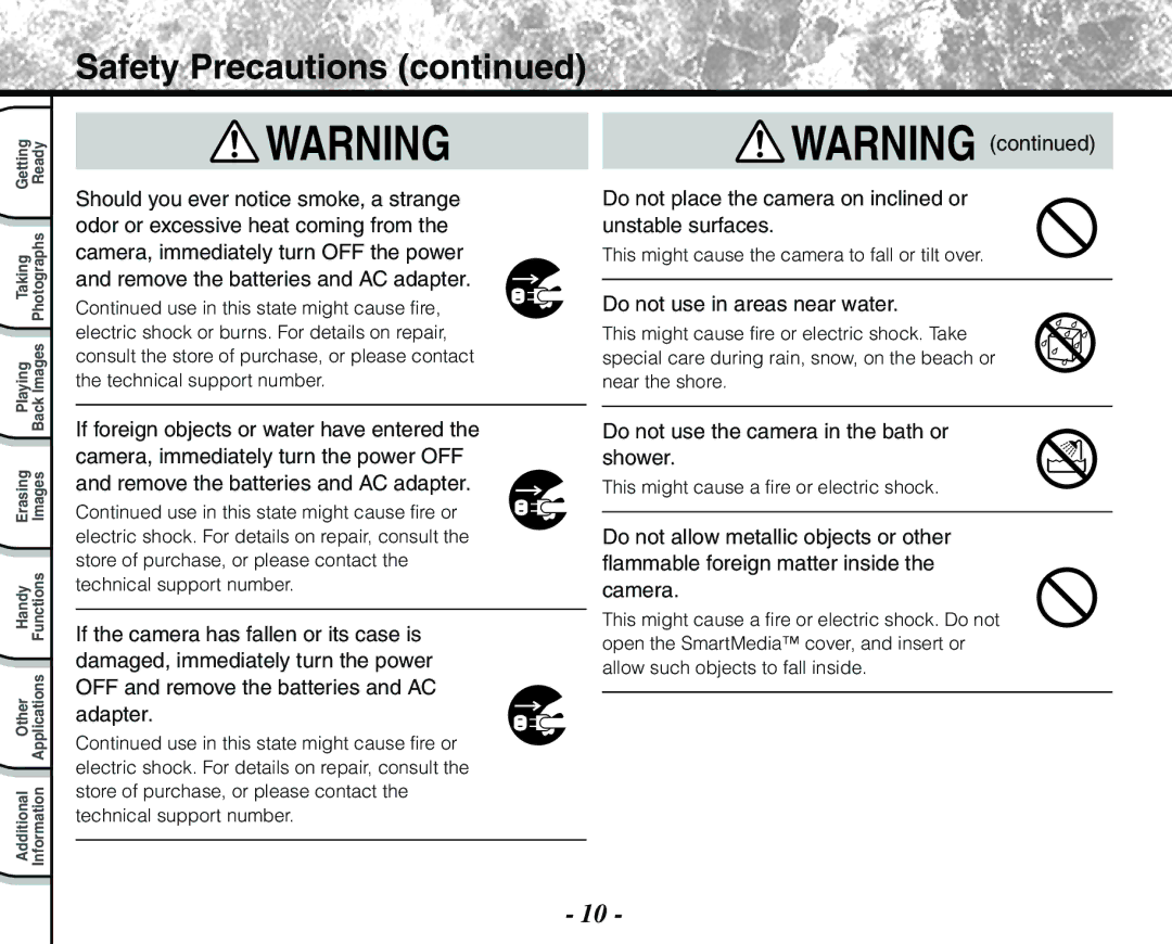 Toshiba PDR-M71 instruction manual Do not place the camera on inclined or Unstable surfaces, Do not use in areas near water 