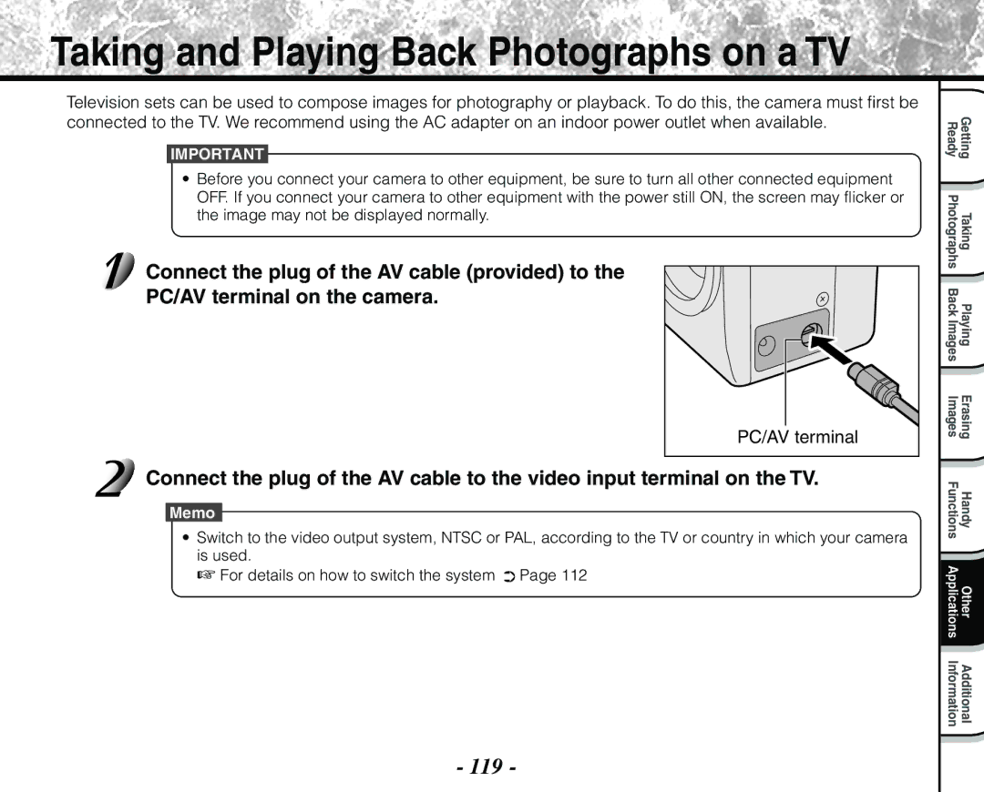 Toshiba PDR-M71 instruction manual Taking and Playing Back Photographs on a TV, 119 