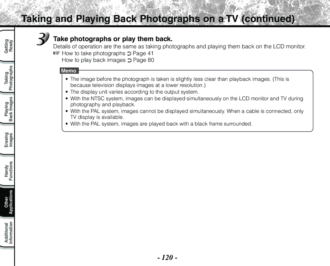 Toshiba PDR-M71 instruction manual Taking and Playing Back Photographs on a TV, 120, Take photographs or play them back 