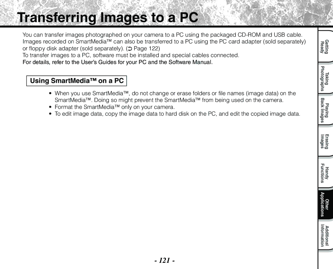 Toshiba PDR-M71 instruction manual Transferring Images to a PC, 121, Using SmartMedia on a PC 