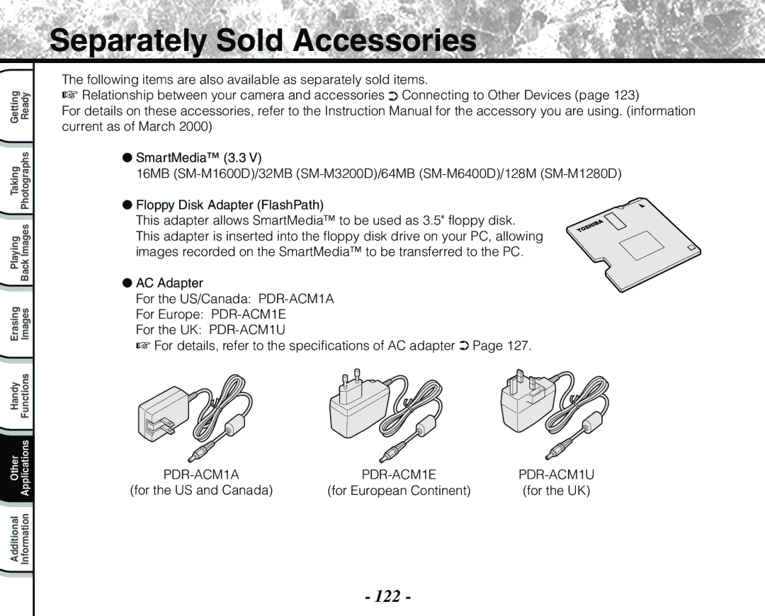 Toshiba PDR-M71 instruction manual Separately Sold Accessories, 122 