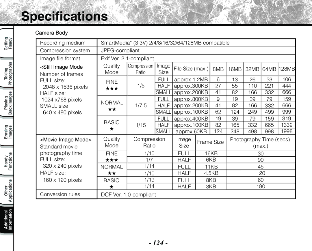 Toshiba PDR-M71 instruction manual Specifications, 124 